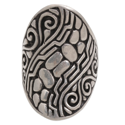 Sterling silver cocktail ring, 'Temple Pebbles' - Sterling Silver Combination Finish Cocktail Ring from Bali