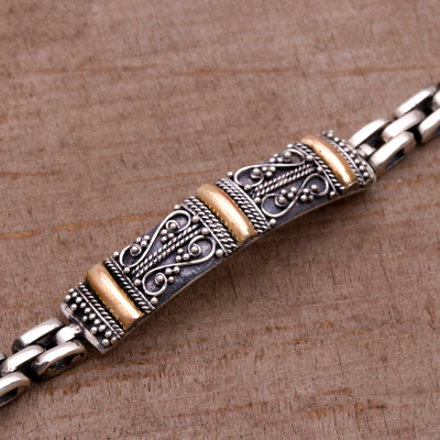 Sterling silver and gold accent bracelet, 'Holy Dimension' - Sterling Silver Link Bracelet with Gold Accents from Bali