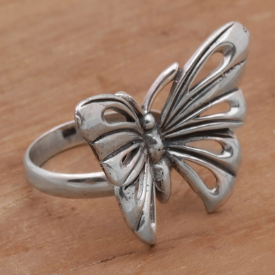 Sterling silver cocktail ring, 'Emerging Butterfly' - Artisan Crafted Sterling Silver Butterfly Ring from Bali