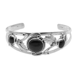Onyx cuff bracelet, 'Night Leaves' - Onyx and Sterling Silver Leafy Cuff Bracelet from Bali