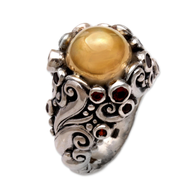 Gold accented silver cocktail ring, 'Golden Dome' - Gold Accent Silver Balinese Cocktail Ring with Garnet Stones