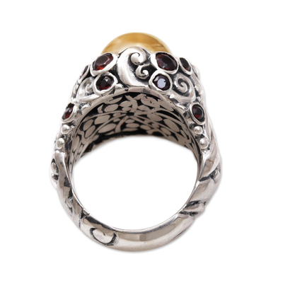 Gold accented silver cocktail ring, 'Golden Dome' - Gold Accent Silver Balinese Cocktail Ring with Garnet Stones