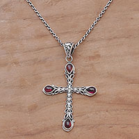 Garnet pendant necklace, 'Chapel Drops' - Garnet and Sterling Silver Cross Necklace from Bali