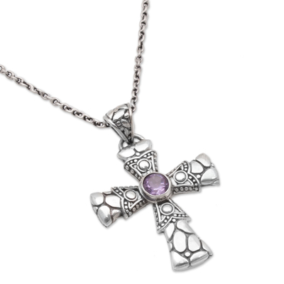 Amethyst pendant necklace, 'Pebble Cross' - Amethyst and Sterling Silver Pebble Cross Necklace from Bali