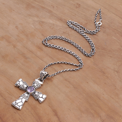 Amethyst pendant necklace, 'Pebble Cross' - Amethyst and Sterling Silver Pebble Cross Necklace from Bali