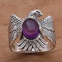 Anillo de cóctel de amatista, 'Brave Garuda' - Anillo de amatista y águila de plata de ley 925 de Bali