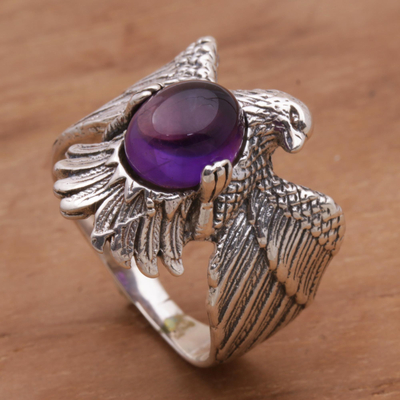 Amethyst cocktail ring, 'Brave Garuda' - Amethyst and 925 Sterling Silver Eagle Ring from Bali