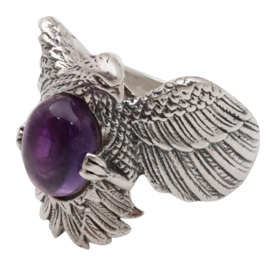Amethyst cocktail ring, 'Brave Garuda' - Amethyst and 925 Sterling Silver Eagle Ring from Bali