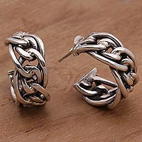 Sterling silver half-hoop earrings, 'Chain Loops' - Sterling Silver Chain Motif Half-Hoop Earrings from Bali