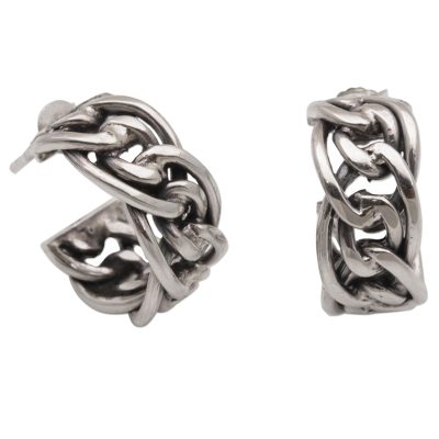 Sterling silver half-hoop earrings, 'Chain Loops' - Sterling Silver Chain Motif Half-Hoop Earrings from Bali