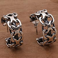 Sterling silver half-hoop earrings, 'Intricate Chain'