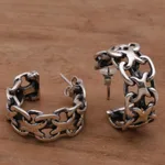 Sterling silver half-hoop earrings, 'Intricate Chain' - Artisan Crafted Sterling Silver Balinese Half-Hoop Earrings