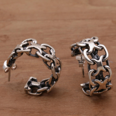 Sterling silver half-hoop earrings, 'Intricate Chain' - Artisan Crafted Sterling Silver Balinese Half-Hoop Earrings