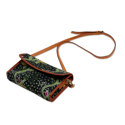 Batik cotton leather accent sling bag, 'Avocado Vine' - Batik Cotton Sling with Avocado Vine Motifs from Bali