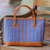 Batik cotton leather accent tote bag, 'Lurik Stripes' - Striped Batik Leather Accent Cotton Tote Bag from Bali