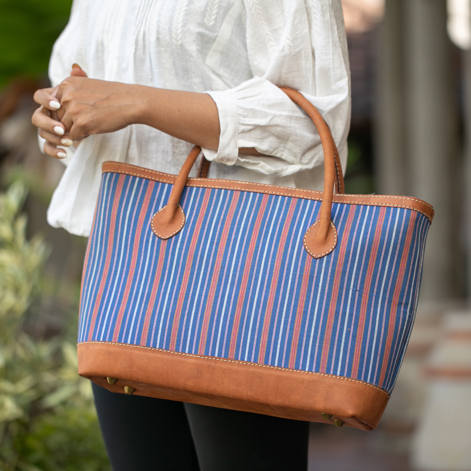 Striped Batik Leather Accent Cotton Tote Bag from Bali - Lurik