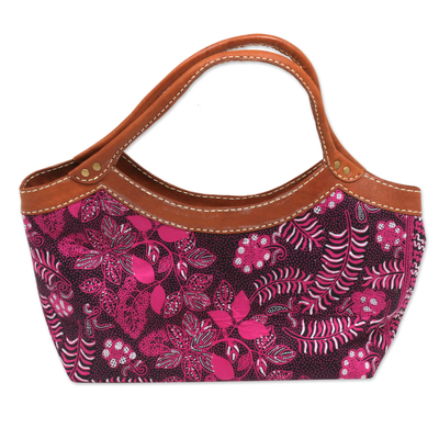 Batik Floral Leather Accent Cotton Handle Handbag from Bali