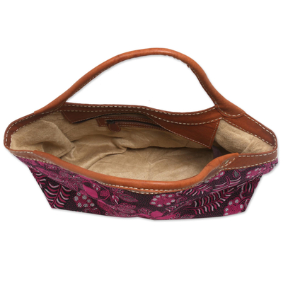 Batik cotton leather accent handle handbag, 'Fuchsia Flowers' - Batik Floral Leather Accent Cotton Handle Handbag from Bali