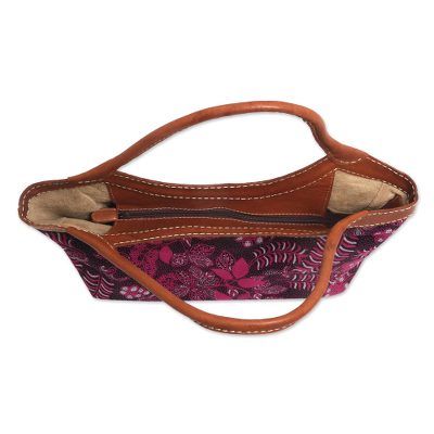 Batik cotton leather accent handle handbag, 'Fuchsia Flowers' - Batik Floral Leather Accent Cotton Handle Handbag from Bali