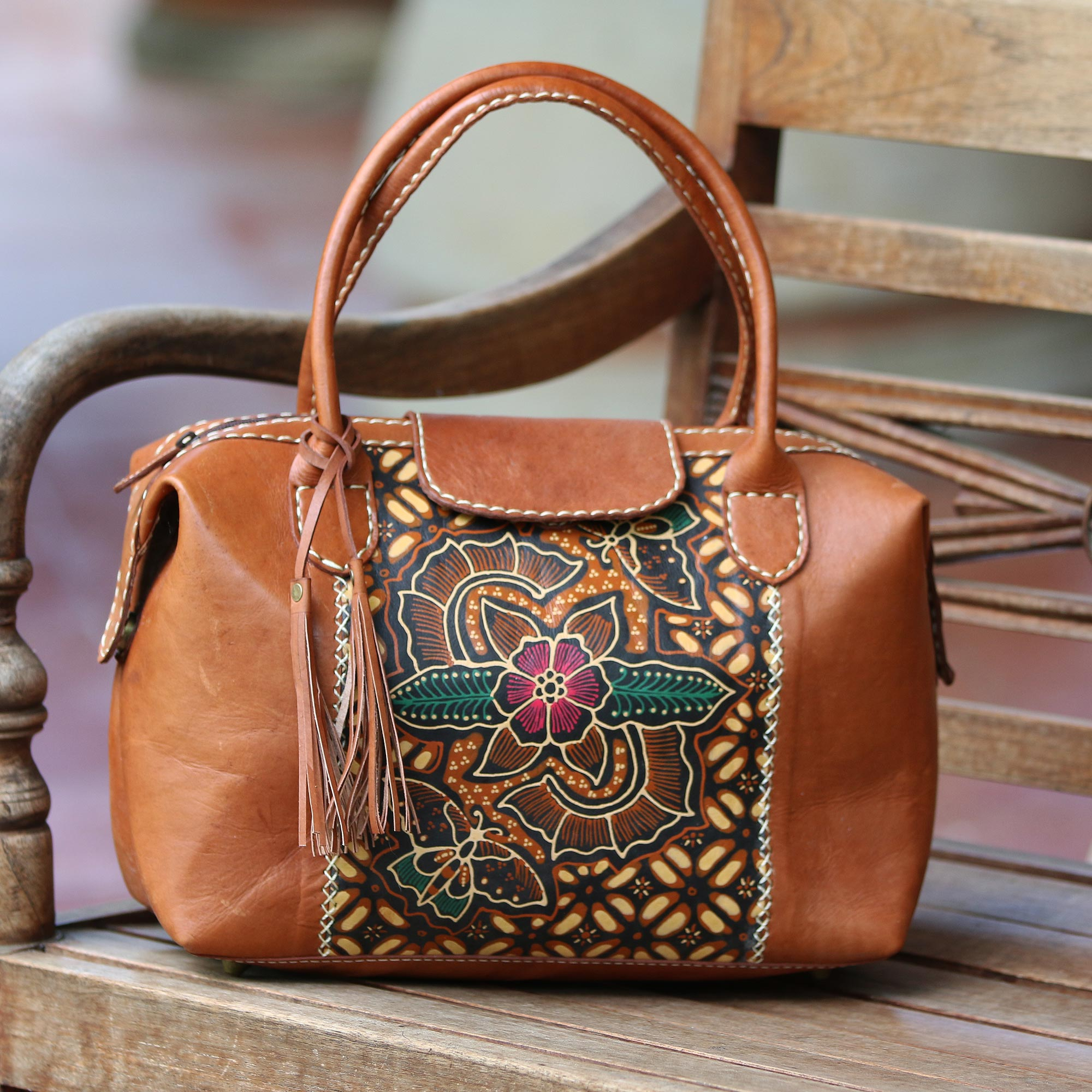 Traditional Batik Floral Leather Handle Handbag from Bali - Kawung ...