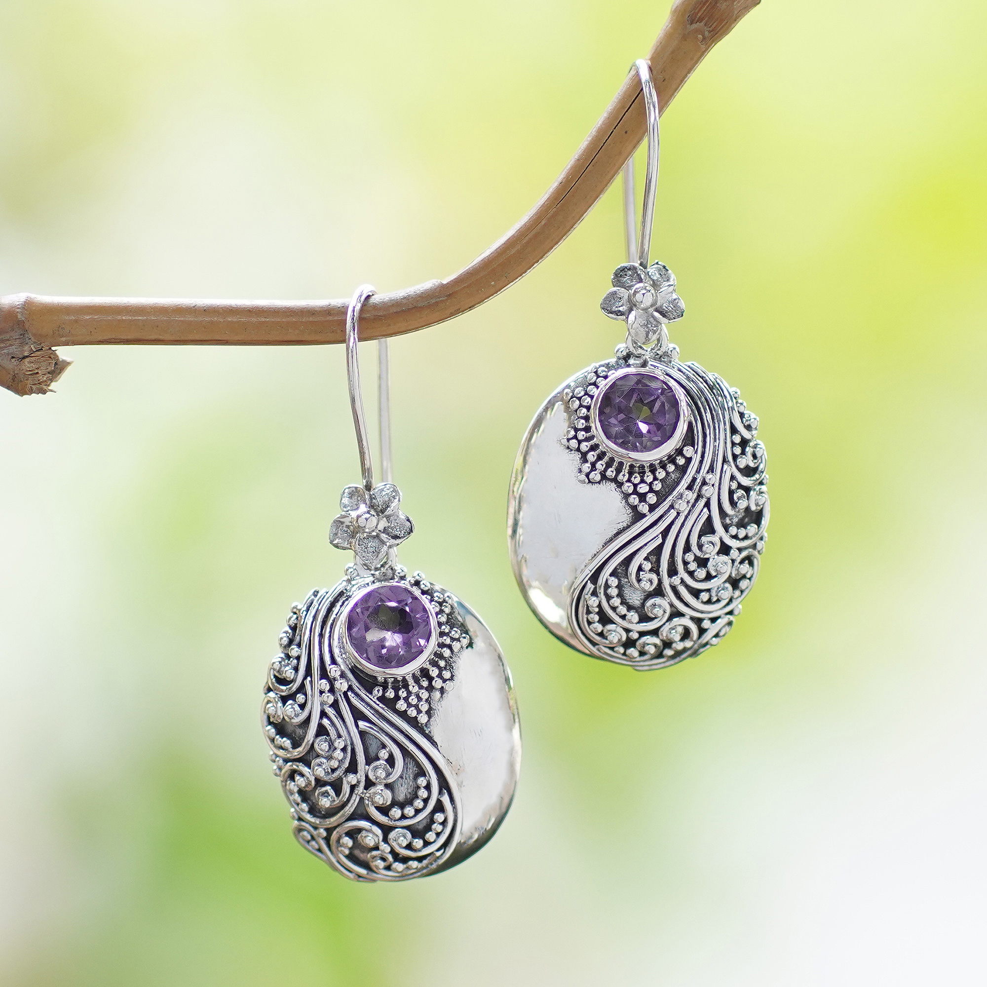 Amethyst and Sterling Silver Floral Dangle Earrings - Spiral Garden ...