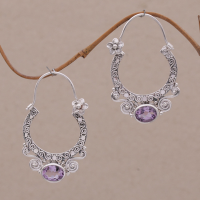 Amethyst hoop earrings, 'Spiral Arches' - Amethyst and Sterling Silver Floral Hoop Earrings from Bali