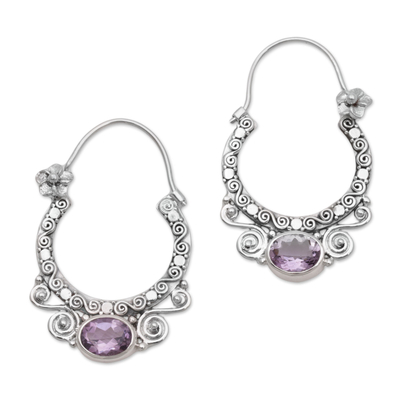 Amethyst hoop earrings, 'Spiral Arches' - Amethyst and Sterling Silver Floral Hoop Earrings from Bali