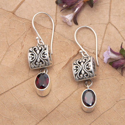 Sterling Silver and Garnet Dangle Earrings from Bali - Red Horizon | NOVICA