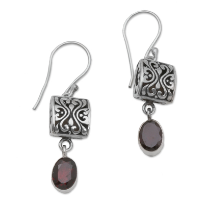 Sterling Silver and Garnet Dangle Earrings from Bali - Red Horizon | NOVICA