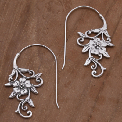 Sterling silver drop earrings, 'Floral Vines' - Indonesian Handmade Sterling Silver Flower Drop Earrings