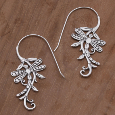 Sterling silver drop earrings, 'Dragonfly Allure' - Indonesian Handmade Sterling Silver Dragonfly Drop Earrings