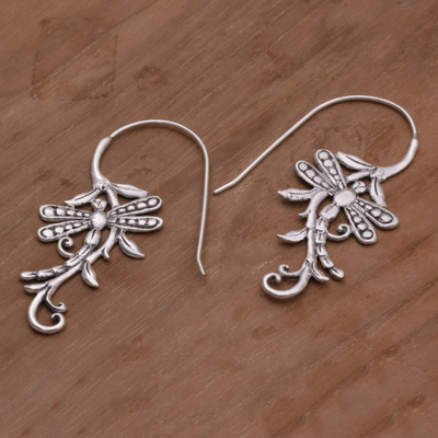 Sterling silver drop earrings, 'Dragonfly Allure' - Indonesian Handmade Sterling Silver Dragonfly Drop Earrings