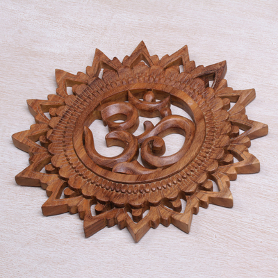 Wood relief panel, 'Om Bloom' - Hand Carved Suar Wood Om Relief Panel from Bali