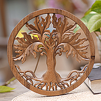 Wood relief panel, 'Fertility Tree' - Hand Crafted Suar Wood Tree Wall Relief Pandel from Bali