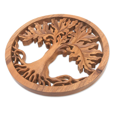 Wood relief panel, 'Fertility Tree' - Hand Crafted Suar Wood Tree Wall Relief Pandel from Bali