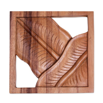 Wood relief panel, 'Banana Canopy' - Hand Crafted Leaf Motif Wood Relief Panel from Bali