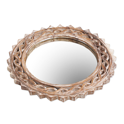 Wood wall mirror, 'Eternal Shine' - Handcrafted Suar Wood Circular Wall Mirror from Bali