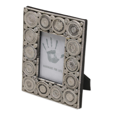Recycled paper photo frame, 'Hypnotizing Grey' (3x5) - 3x5 Recycled Paper Photo Frame in Grey from Bali