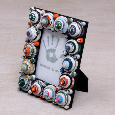 Recycled paper photo frame, 'Shrine City' (3x5) - 3x5 Recycled Paper Photo Frame with Multicolored Circles