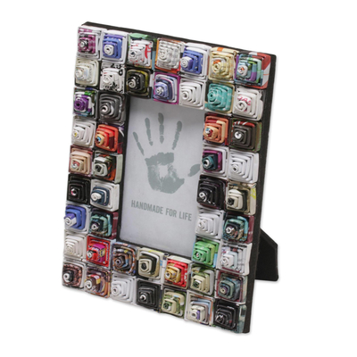 Recycled paper photo frame, 'Square Shrines' (3x5) - 3x5 Recycled Paper Photo Frame with Multicolored Squares