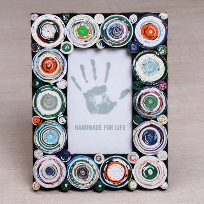 Recycled paper photo frame, 'Hypnotizing Circles' (3x5) - 3x5 Recycled Paper Photo Frame with Circle Motifs