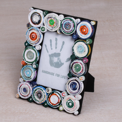 Recycled paper photo frame, 'Hypnotizing Circles' (3x5) - 3x5 Recycled Paper Photo Frame with Circle Motifs