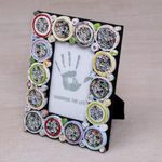 Recycled paper photo frame, 'Memory Circles' (3x5) - 3x5 Recycled Paper Circle Motif Photo Frame from Bali