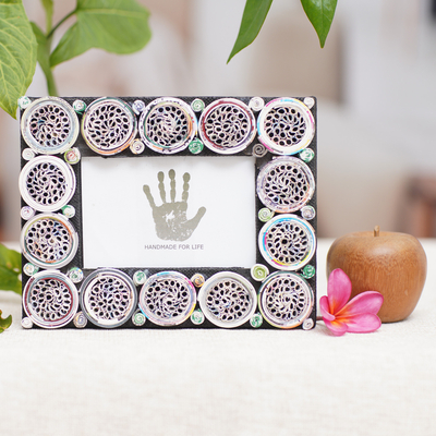Recycled paper photo frame, 'Memory Circles' (3x5) - 3x5 Recycled Paper Circle Motif Photo Frame from Bali