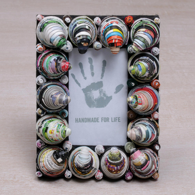 Recycled paper photo frame, 'Colorful Snail Shells' (3x5) - 3x5 Recycled Paper Photo Frame with Cones from Bali