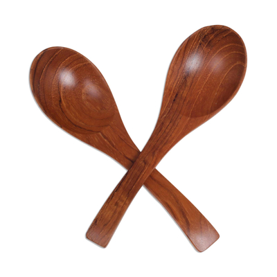 Teak wood spoons, 'Elegant Companions' (pair) - Handmade Teak Wood Spoons from Bali (Pair)