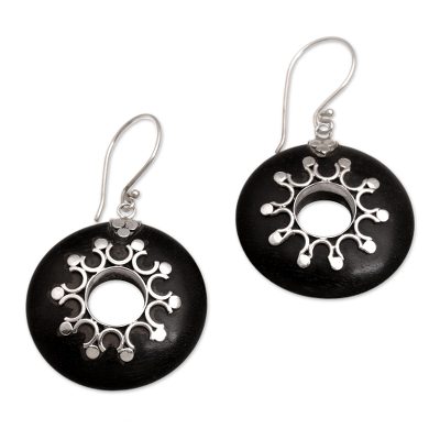 Sterling silver dangle earrings, 'Eclipse the Sun' - Sterling Silver and Sono Wood Circular Earrings from Bali