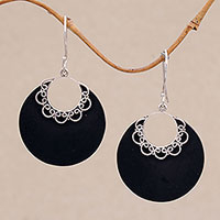 Sterling silver dangle earrings, 'Crescent Lace' - Sterling Silver and Lava Stone Crescent Earrings from Bali