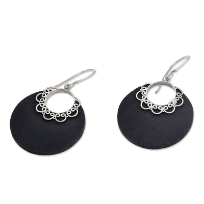 Sterling silver dangle earrings, 'Crescent Lace' - Sterling Silver and Lava Stone Crescent Earrings from Bali
