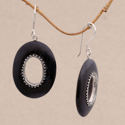 Sterling silver dangle earrings, 'Dotted Ovals' - Sterling Silver and Sono Wood Oval Earrings from Bali